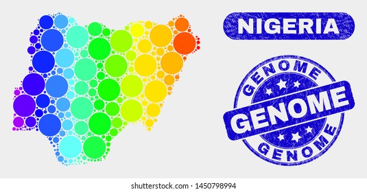 Rainbow colored dot Nigeria map and seal stamps. Blue rounded Genome distress seal. Gradient rainbow colored Nigeria map mosaic of scattered small circles. Genome seal stamp with rubber texture.