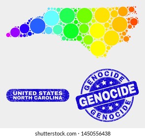 Rainbow colored dot North Carolina State map and rubber prints. Blue round Genocide scratched stamp. Gradiented rainbow colored North Carolina State map mosaic of randomized round spots.