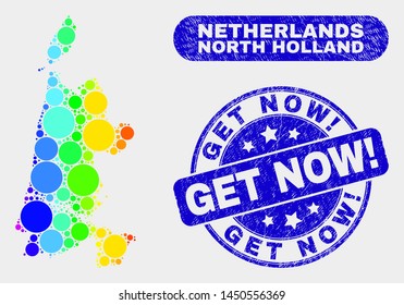 Rainbow colored dot North Holland map and rubber prints. Blue round Get Now! textured seal stamp. Gradiented rainbow colored North Holland map mosaic of random round elements.