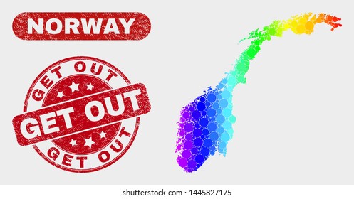 Rainbow colored dot Norway map and seal stamps. Red round Get Out grunge seal. Gradient rainbow colored Norway map mosaic of scattered circle elements. Get Out seal stamp with rubber texture.