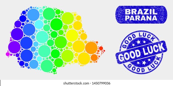 Rainbow colored dot Parana State map and seal stamps. Blue rounded Good Luck scratched seal stamp. Gradiented rainbow colored Parana State map mosaic of scattered small spheres.