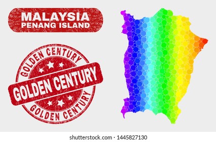 Rainbow colored dot Penang Island map and seals. Red rounded Golden Century textured stamp. Gradient rainbow colored Penang Island map mosaic of random small spheres.