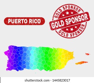 Rainbow colored dot Puerto Rico map and rubber prints. Red rounded Gold Sponsor distress watermark. Gradient rainbow colored Puerto Rico map mosaic of scattered circle elements.