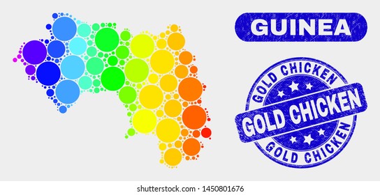Rainbow colored dot Republic of Guinea map and seal stamps. Blue round Gold Chicken scratched seal stamp. Gradiented rainbow colored Republic of Guinea map mosaic of randomized small spheres.