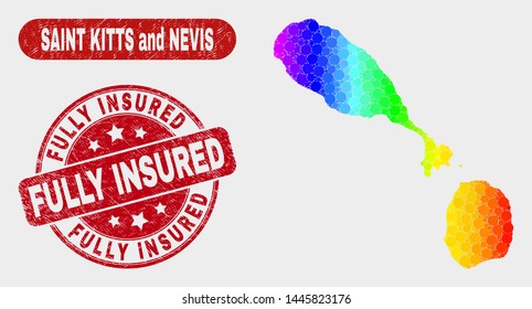 Rainbow colored dot Saint Kitts and Nevis map and seal stamps. Red rounded Fully Insured textured seal stamp. Gradient rainbow colored Saint Kitts and Nevis map mosaic of randomized round dots.