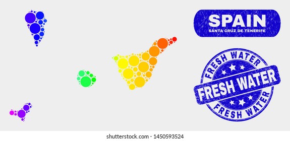 Rainbow colored dot Santa Cruz de Tenerife Province map and stamps. Blue round Fresh Water distress seal stamp.