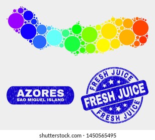 Rainbow colored dot Sao Miguel Island map and seals. Blue rounded Fresh Juice grunge seal. Gradient rainbow colored Sao Miguel Island map mosaic of randomized round spots.