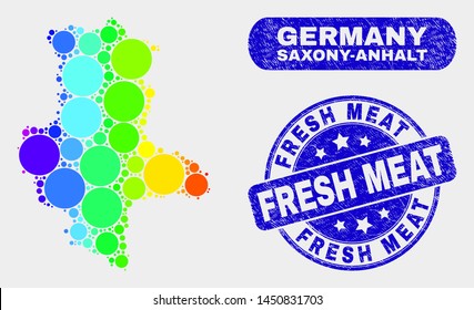 Rainbow colored dot Saxony-Anhalt Land map and seals. Blue round Fresh Meat grunge seal stamp. Gradient rainbow colored Saxony-Anhalt Land map mosaic of scattered small circles.