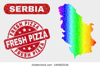 Rainbow colored dot Serbia map and seal stamps. Red round Fresh Pizza grunge stamp. Gradient rainbow colored Serbia map mosaic of scattered round elements. Fresh Pizza seal with grunged surface.