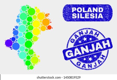 Rainbow colored dot Silesian Voivodeship map and rubber prints. Blue round Ganjah distress seal. Gradient rainbow colored Silesian Voivodeship map mosaic of randomized small spheres.