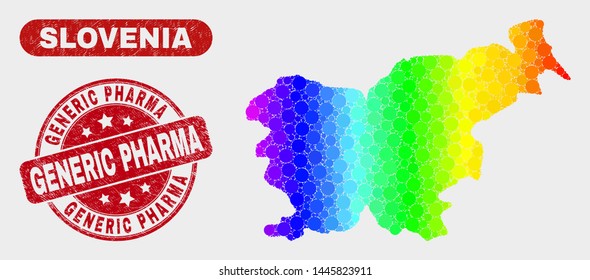 Rainbow colored dot Slovenia map and seal stamps. Red rounded Generic Pharma textured watermark. Gradient rainbow colored Slovenia map mosaic of random round dots.