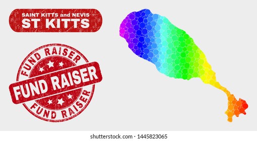 Rainbow colored dot St Kitts Island map and stamps. Red round Fund Raiser textured seal stamp. Gradient rainbow colored St Kitts Island map mosaic of random spheric dots.
