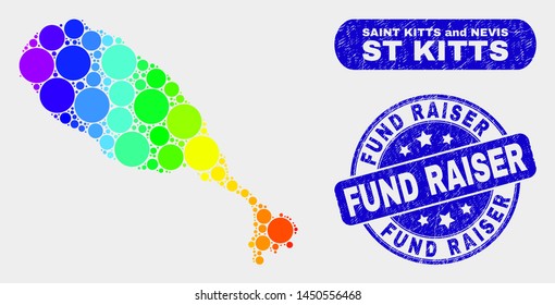 Rainbow colored dot St Kitts Island map and rubber prints. Blue round Fund Raiser textured seal. Gradiented rainbow colored St Kitts Island map mosaic of scattered small circles.
