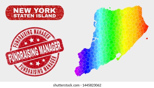 Rainbow colored dot Staten Island map and seal stamps. Red round Fundraising Manager scratched seal stamp. Gradient spectrum Staten Island map mosaic of randomized circle.