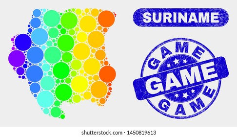 Rainbow colored dot Suriname map and seal stamps. Blue rounded Game textured watermark. Gradient rainbow colored Suriname map mosaic of random circle elements. Game seal stamp with scratched texture.