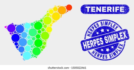 Rainbow colored dot Tenerife map and seals. Blue rounded Herpes Simplex scratched seal. Gradient rainbow colored Tenerife map mosaic of random circle dots. Herpes Simplex seal with dirty surface.