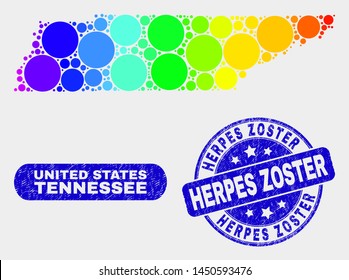Rainbow colored dot Tennessee State map and seal stamps. Blue round Herpes Zoster distress stamp. Gradient rainbow colored Tennessee State map mosaic of random round dots.
