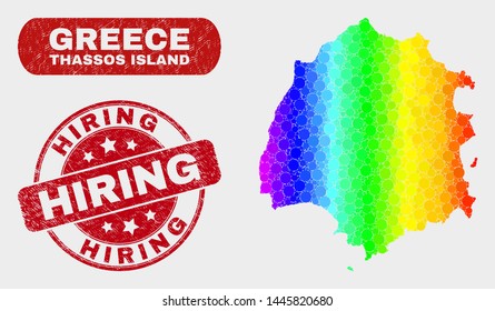 Rainbow colored dot Thassos Island map and stamps. Red round Hiring distress seal stamp. Gradient rainbow colored Thassos Island map mosaic of random circle dots.