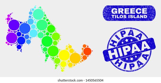 Rainbow colored dot Tilos Island map and rubber prints. Blue rounded Hipaa scratched seal stamp. Gradient rainbow colored Tilos Island map mosaic of scattered circle. Hipaa imprint with dirty texture.