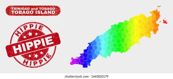 Rainbow colored dot Tobago Island map and watermarks. Red round Hippie scratched seal stamp. Gradient rainbow colored Tobago Island map mosaic of randomized small circles.