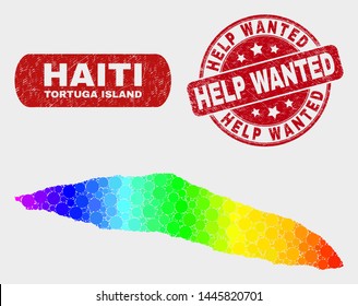 Rainbow colored dot Tortuga Island of Haiti map and rubber prints. Red round Help Wanted grunge seal stamp. Gradient rainbow colored Tortuga Island of Haiti map mosaic of randomized round elements.