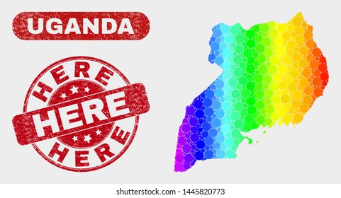 Rainbow colored dot Uganda map and seals. Red rounded Here distress stamp. Gradient rainbow colored Uganda map mosaic of random circle elements. Here stamp with grunge texture.