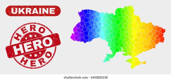 Rainbow colored dot Ukraine map and seals. Red round Hero distress seal. Gradient rainbow colored Ukraine map mosaic of scattered round dots. Hero seal stamp with dirty surface.