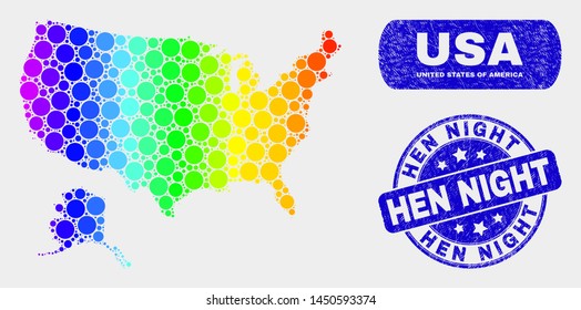 Rainbow colored dot USA with Alaska map and seals. Blue round Hen Night textured seal. Gradient rainbow colored USA with Alaska map mosaic of randomized circle.