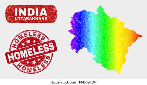 Rainbow colored dot Uttarakhand State map and seals. Red round Homeless grunge seal. Gradient rainbow colored Uttarakhand State map mosaic of scattered small spheres.