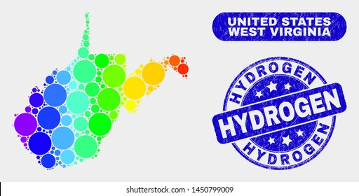 Rainbow colored dot West Virginia State map and stamps. Blue rounded Hydrogen scratched watermark. Gradient rainbow colored West Virginia State map mosaic of randomized circle elements.