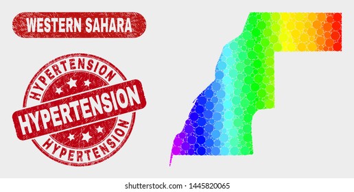 Rainbow colored dot Western Sahara map and stamps. Red round Hypertension scratched watermark. Gradient rainbow colored Western Sahara map mosaic of random round dots.