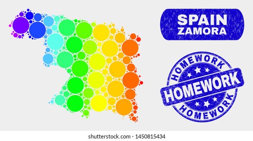 Rainbow colored dot Zamora Province map and watermarks. Blue round Homework scratched seal stamp. Gradiented rainbow colored Zamora Province map mosaic of scattered circle dots.