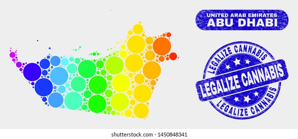 Rainbow colored dotted Abu Dhabi Emirate map and rubber prints. Blue round Legalize Cannabis textured watermark. Gradiented rainbow colored Abu Dhabi Emirate map mosaic of randomized spheric dots.