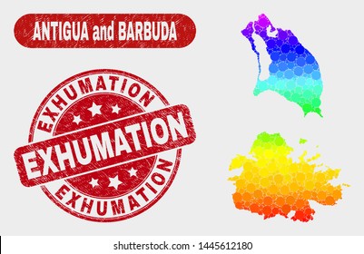 Rainbow colored dotted Antigua and Barbuda map and seals. Red rounded Exhumation scratched seal stamp. Gradient rainbow colored Antigua and Barbuda map mosaic of scattered round elements.