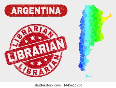 Rainbow colored dotted Argentina map and watermarks. Red rounded Librarian distress watermark. Gradient rainbow colored Argentina map mosaic of randomized circle dots.