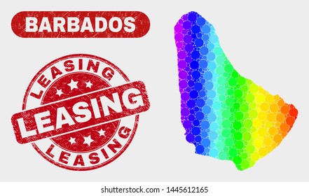 Rainbow colored dotted Barbados map and seal stamps. Red round Leasing grunge watermark. Gradient rainbow colored Barbados map mosaic of randomized circle. Leasing watermark with distress surface.
