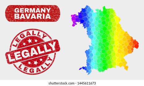 Rainbow colored dotted Bavaria Land map and seal stamps. Red rounded Legally distress watermark. Gradient rainbow colored Bavaria Land map mosaic of scattered circle elements.