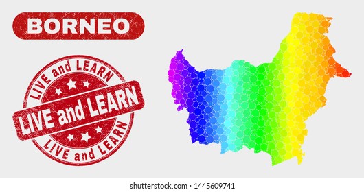 Rainbow colored dotted Borneo map and seal stamps. Red round Live and Learn scratched seal stamp. Gradient rainbow colored Borneo map mosaic of randomized small spheres.