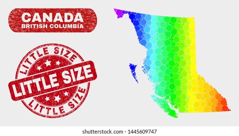 Rainbow colored dotted British Columbia map and seal stamps. Red round Little Size distress seal stamp. Gradient spectral British Columbia map mosaic of scattered round elements.