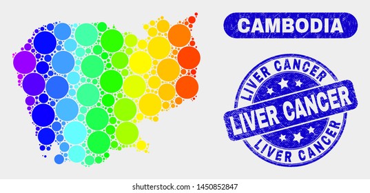 Rainbow colored dotted Cambodia map and seal stamps. Blue round Liver Cancer distress seal stamp. Gradiented spectral Cambodia map mosaic of randomized round elements.