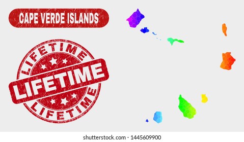Rainbow colored dotted Cape Verde Islands map and seal stamps. Red rounded Lifetime distress seal. Gradient rainbow colored Cape Verde Islands map mosaic of random small spheres.