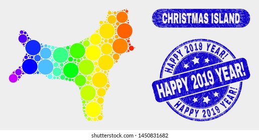Rainbow colored dotted Christmas Island map and rubber prints. Blue round Happy 2019 Year! grunge watermark. Gradient rainbow colored Christmas Island map mosaic of random small circles.