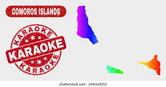 Rainbow colored dotted Comoros Islands map and rubber prints. Red round Karaoke scratched seal stamp. Gradient spectrum Comoros Islands map mosaic of randomized round elements.