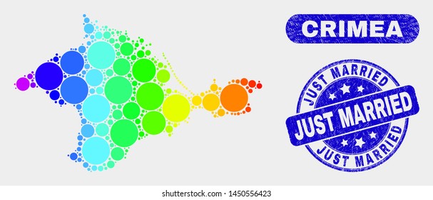 Rainbow colored dotted Crimea map and seal stamps. Blue round Just Married distress seal stamp. Gradiented rainbow colored Crimea map mosaic of random round elements.