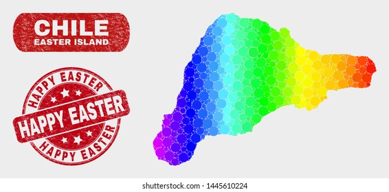 Rainbow colored dotted Easter Island map and stamps. Red round Happy Easter distress stamp. Gradient rainbow colored Easter Island map mosaic of randomized small spheres.