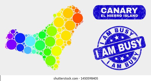 Rainbow colored dotted El Hierro Island map and seal stamps. Blue round I Am Busy scratched watermark. Gradient rainbow colored El Hierro Island map mosaic of random round spots.