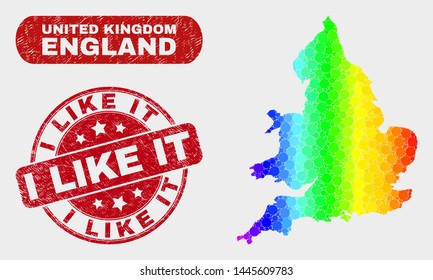 Rainbow colored dotted England map and seals. Red rounded I Like It distress watermark. Gradient rainbow colored England map mosaic of random circle. I Like It watermark with distress surface.