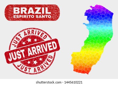 Rainbow colored dotted Espirito Santo State map and rubber prints. Red rounded Just Arrived distress seal. Gradient rainbow colored Espirito Santo State map mosaic of randomized small circles.