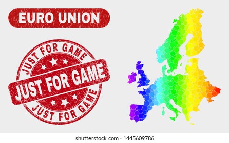 Rainbow colored dotted Euro Union map and seal stamps. Red round Just for Game grunge seal. Gradient rainbow colored Euro Union map mosaic of random small circles.
