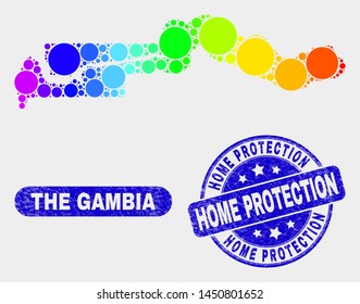 Rainbow colored dotted the Gambia map and stamps. Blue rounded Home Protection textured seal stamp. Gradiented rainbow colored the Gambia map mosaic of scattered round spots.